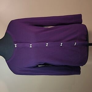 CABLE & GAUGE Rhinestone Bow Button Plum Cardigan, Size Small